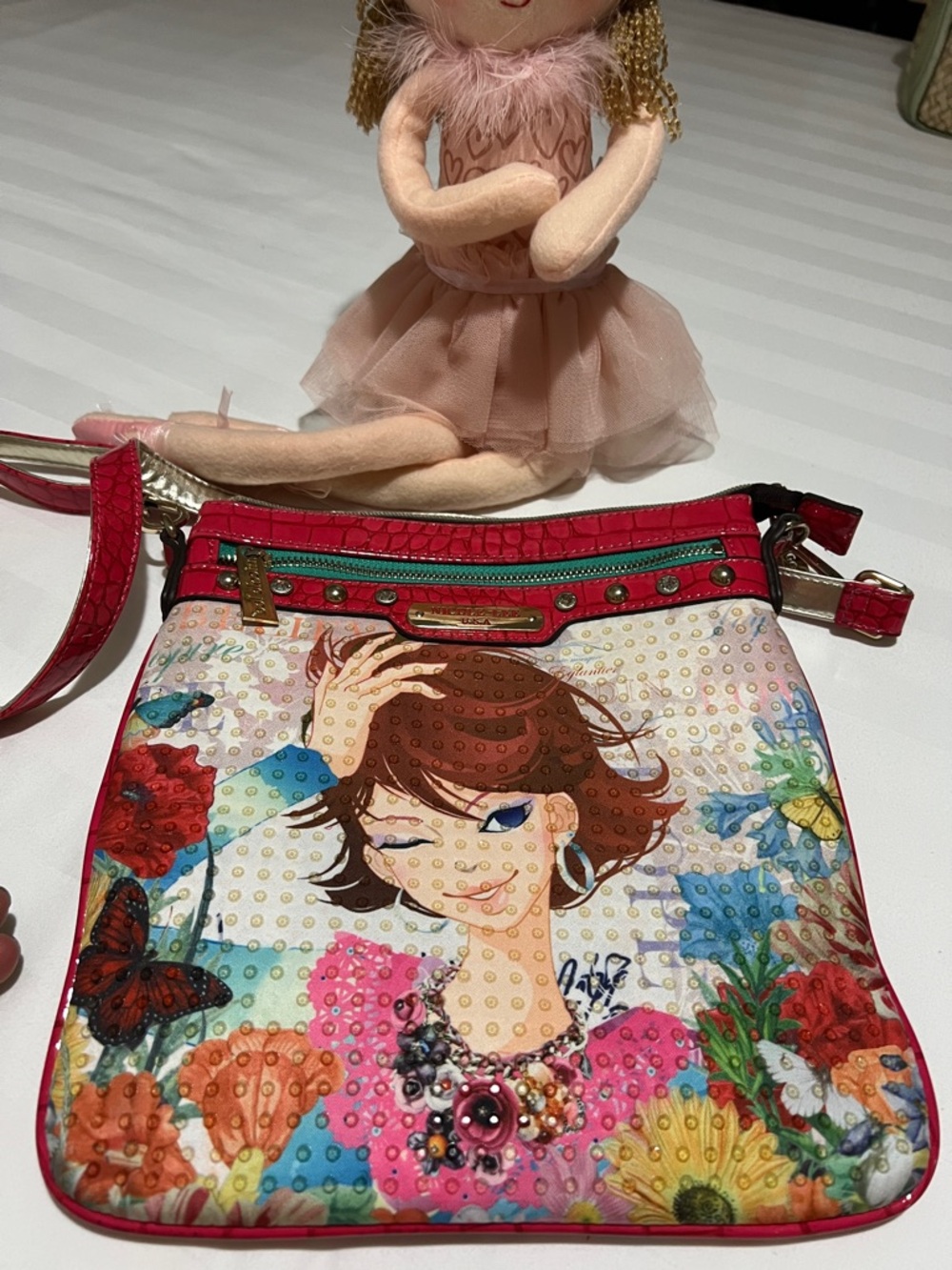 Nicole Lee Multicolor Floral Crossbody with Metallic Silver Strap